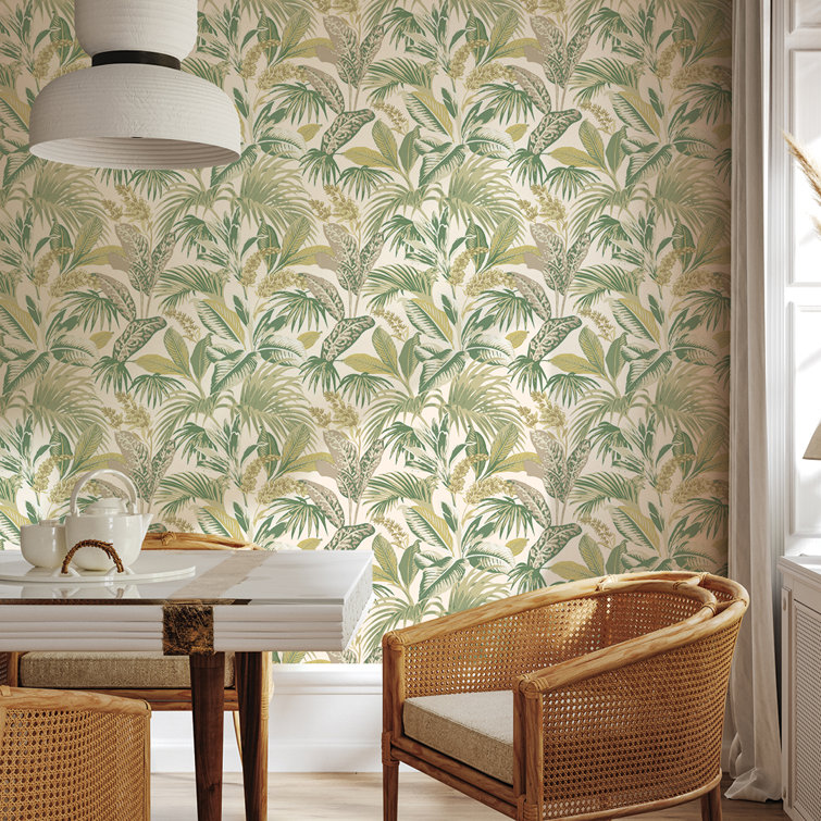Tropical Green and Beige Vinyl Peel and Stick Wallpaper Roll