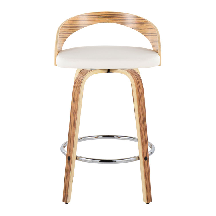 White PU and Zebra Wood Swivel Counter Stools with Chrome Footrest