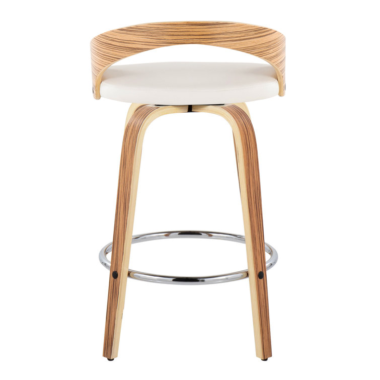 White PU and Zebra Wood Swivel Counter Stools with Chrome Footrest