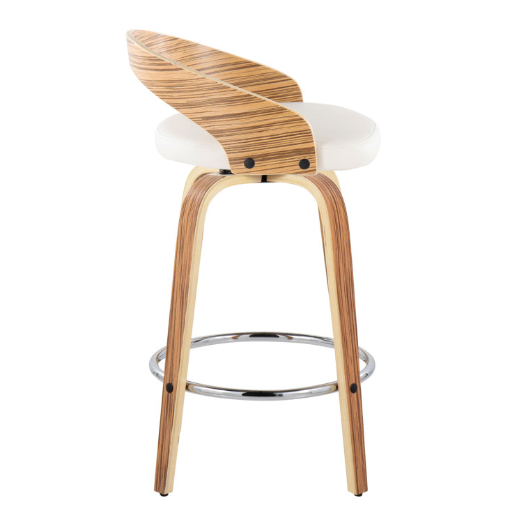White PU and Zebra Wood Swivel Counter Stools with Chrome Footrest