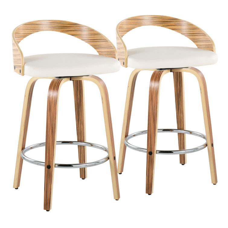 White PU and Zebra Wood Swivel Counter Stools with Chrome Footrest