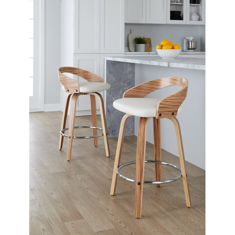 White PU and Zebra Wood Swivel Counter Stools with Chrome Footrest