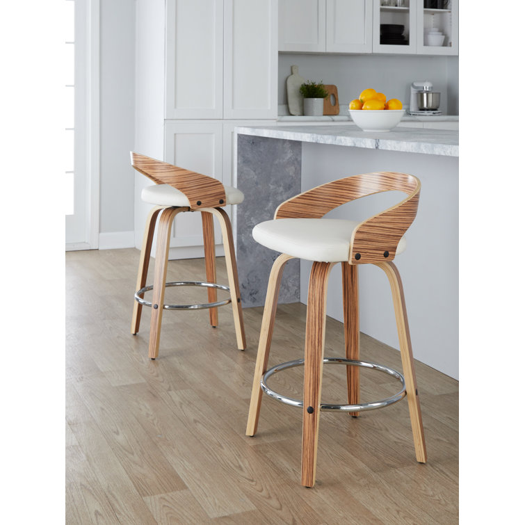 White PU and Zebra Wood Swivel Counter Stools with Chrome Footrest
