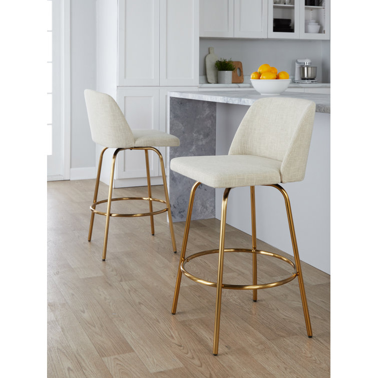 Cream Fabric and Gold Metal Swivel Counter Stools, 26" Seat Height
