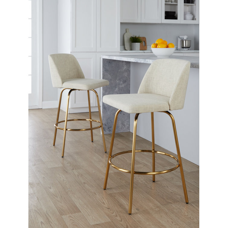Cream Fabric and Gold Metal Swivel Counter Stools, 26" Seat Height