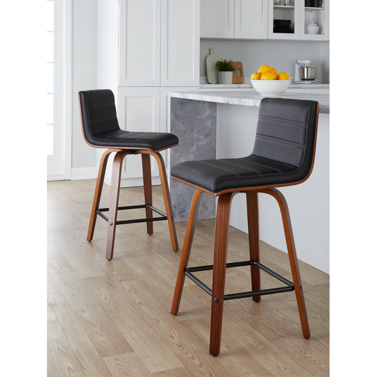 Cream Faux Leather Swivel Counter Stools with Walnut Wood