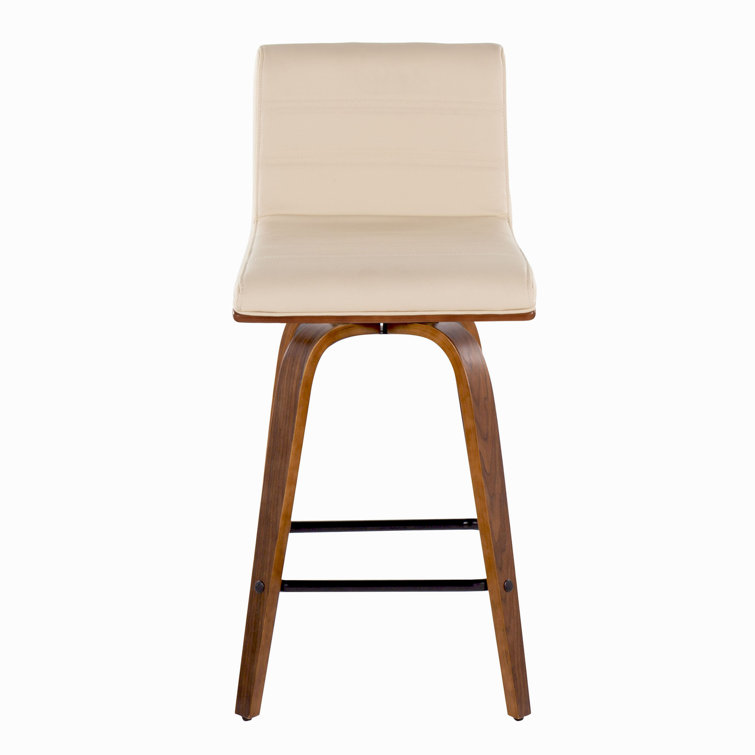 Cream Faux Leather Swivel Counter Stools with Walnut Wood