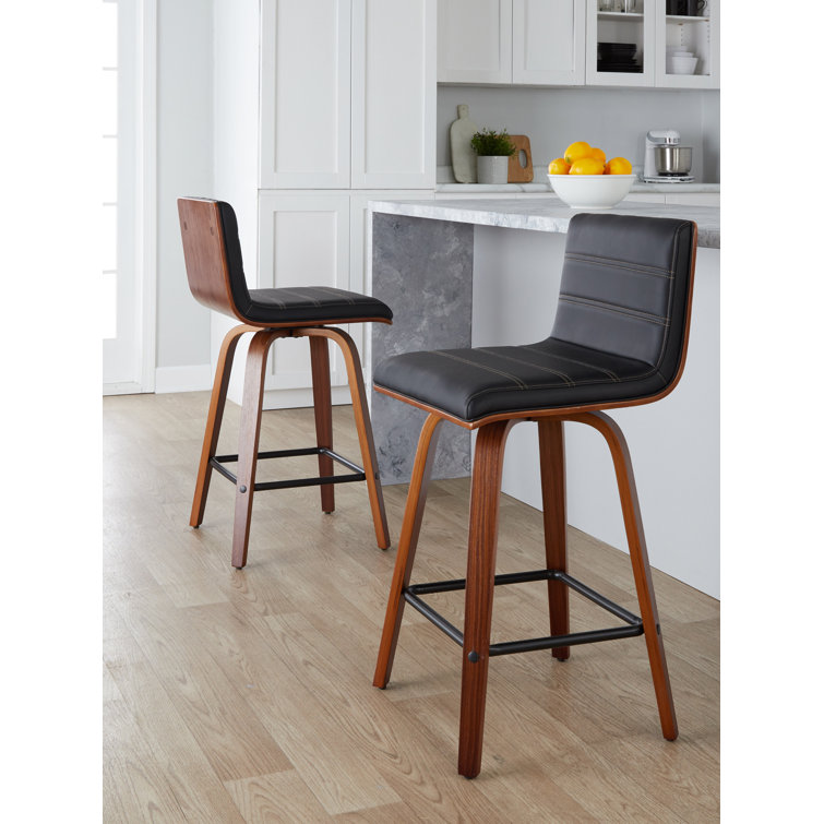 Cream Faux Leather Swivel Counter Stools with Walnut Wood