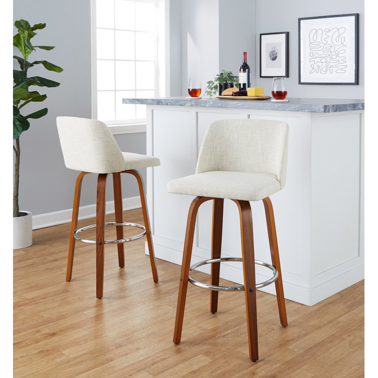 Cream Upholstered Swivel Bar Stools with Walnut Legs