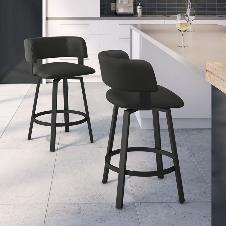 Textured Black Metal Swivel Counter Stool with Faux Leather Seat