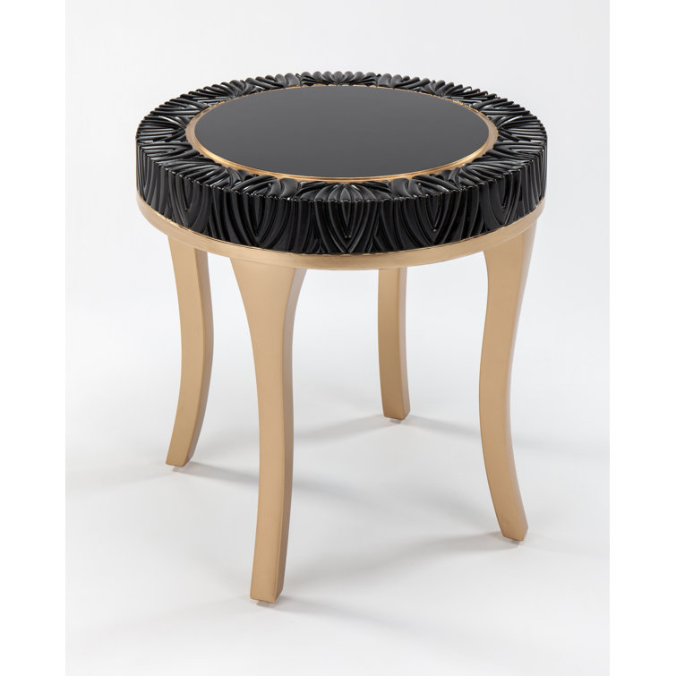 Round Black and Gold Glass Coffee Table with Carved Pattern