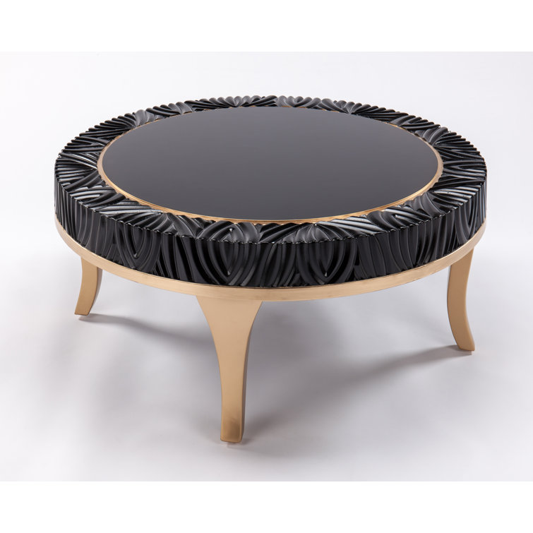 Round Black and Gold Glass Coffee Table with Carved Pattern
