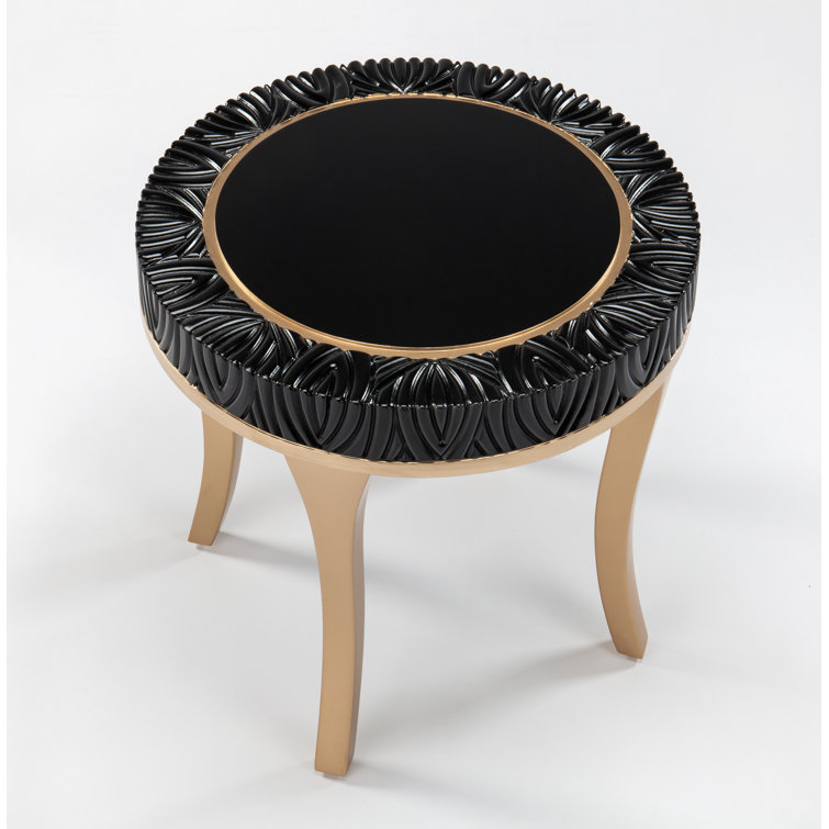 Round Black and Gold Glass Coffee Table with Carved Pattern