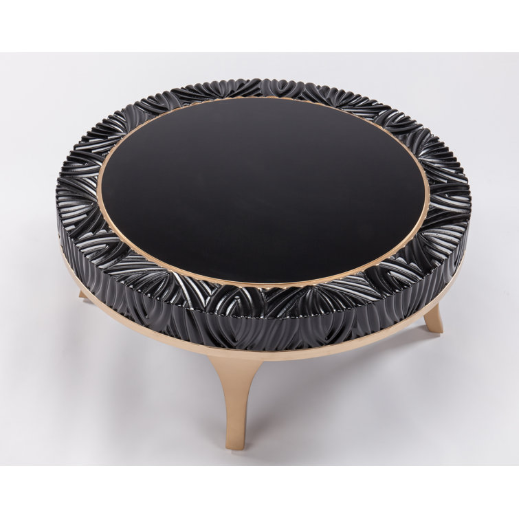Round Black and Gold Glass Coffee Table with Carved Pattern