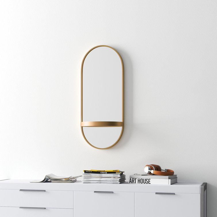 Estero Glam Gold Metal Capsule Wall Mirror with Shelf, 16x38
