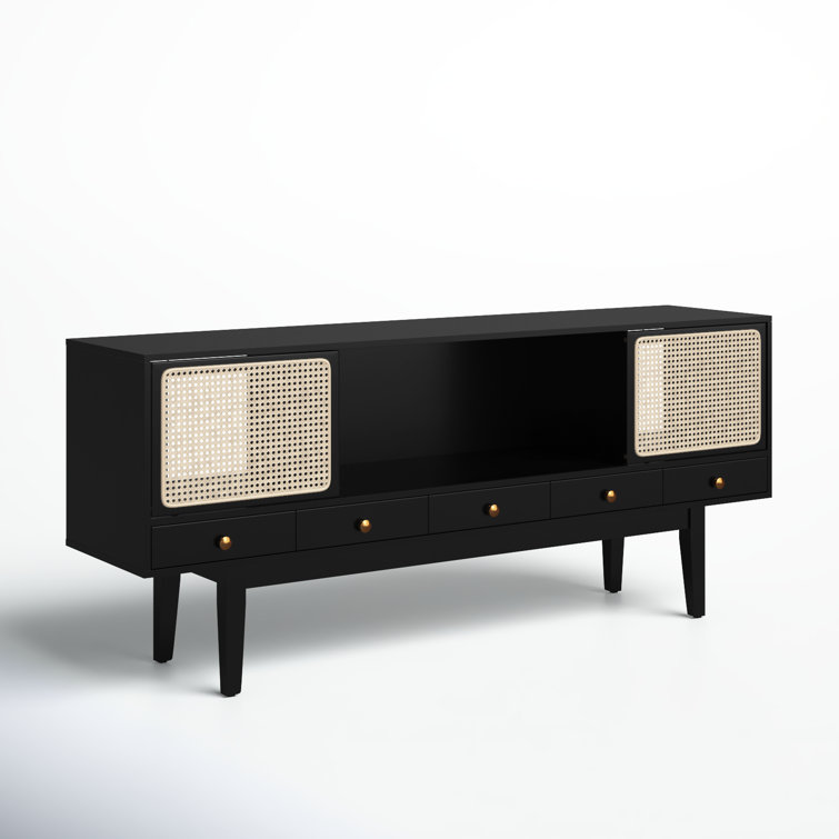 Simms 76.5'' Black Midcentury Modern Media Console with Cane Doors