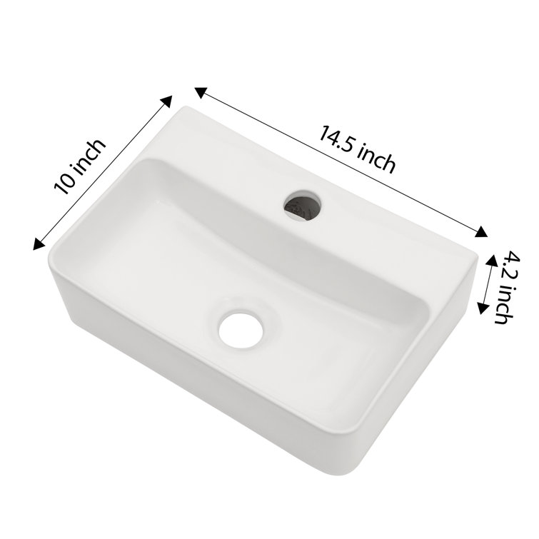 White Ceramic Rectangular Wall-Mount Bathroom Sink with Faucet Hole