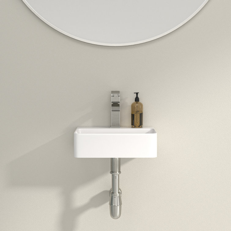 White Ceramic Rectangular Wall-Mount Bathroom Sink with Faucet Hole