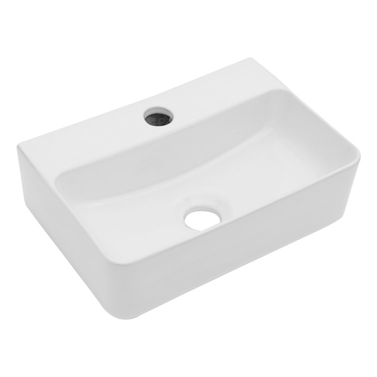 White Ceramic Rectangular Wall-Mount Bathroom Sink with Faucet Hole
