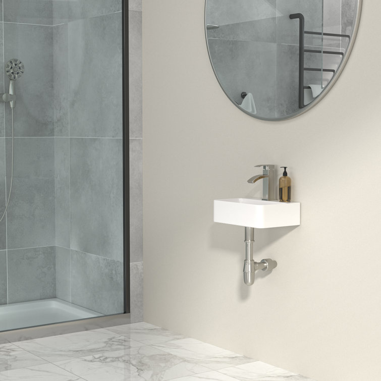 White Ceramic Rectangular Wall-Mount Bathroom Sink with Faucet Hole