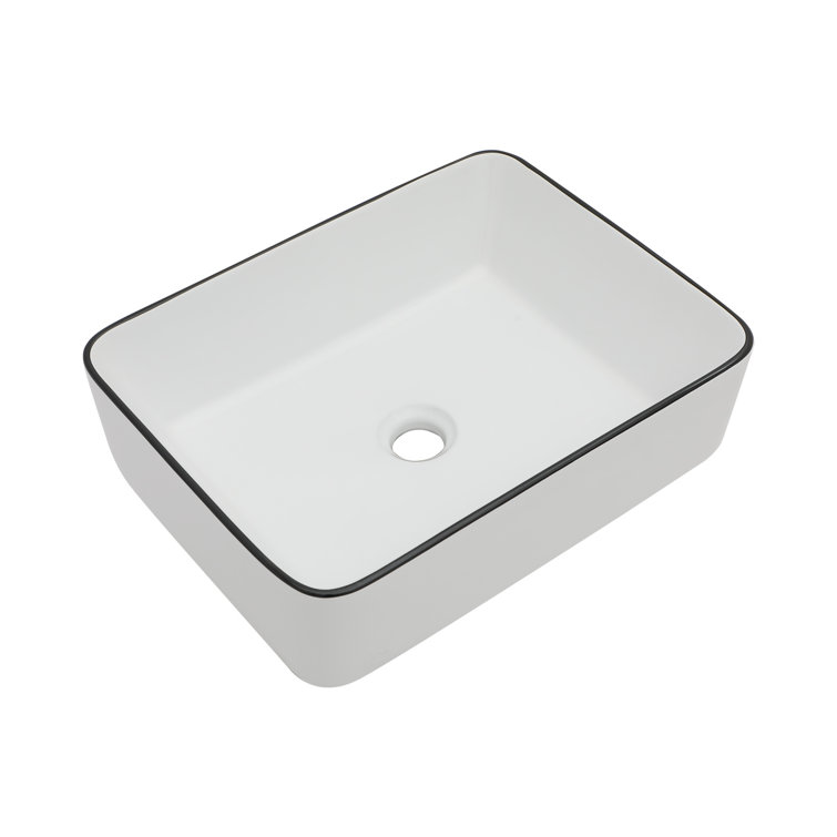 16 x 12 Inch White Ceramic Rectangular Vessel Sink with Black Rim