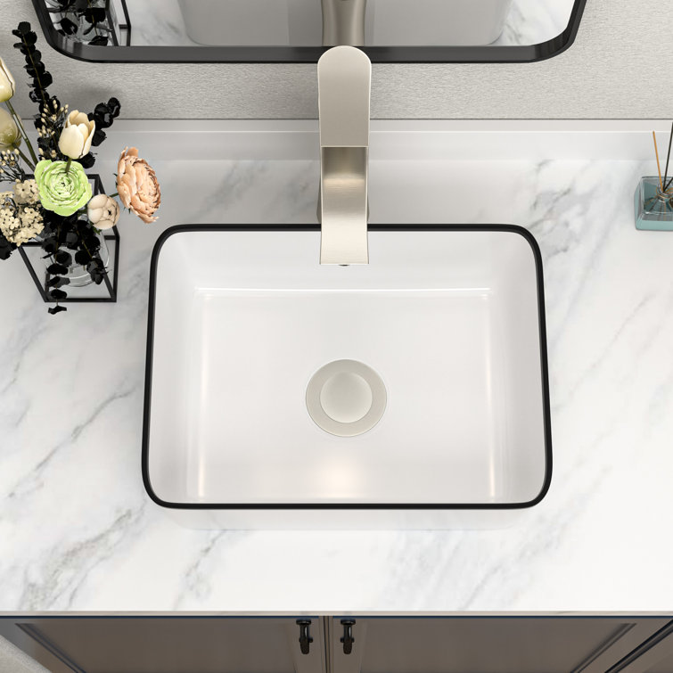 16 x 12 Inch White Ceramic Rectangular Vessel Sink with Black Rim