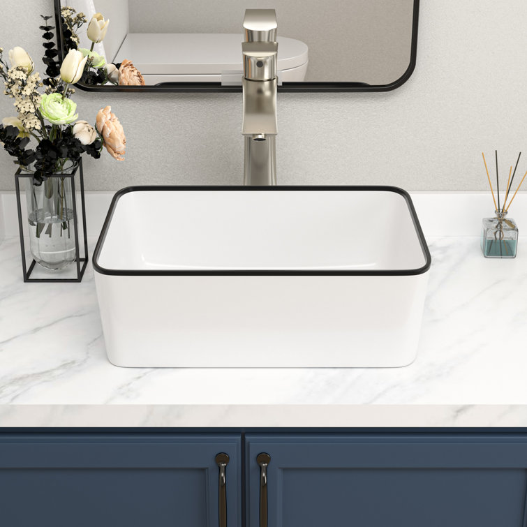 16 x 12 Inch White Ceramic Rectangular Vessel Sink with Black Rim