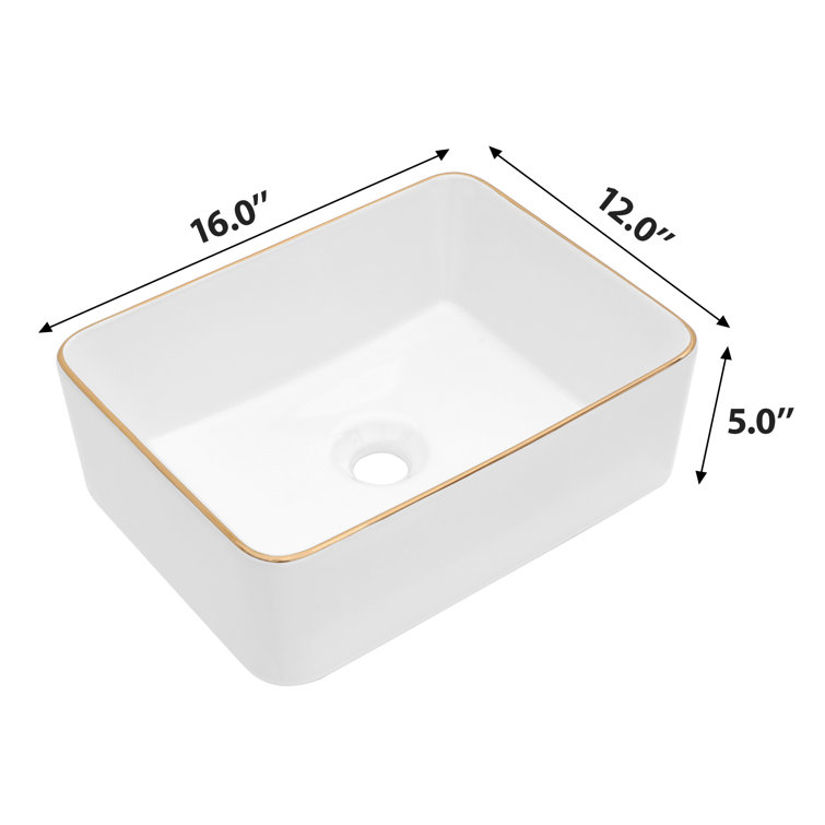 16 x 12 Inch White Ceramic Rectangular Vessel Sink with Gold Rim