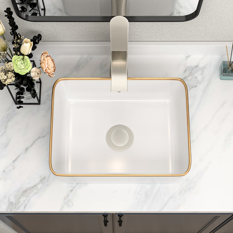 16 x 12 Inch White Ceramic Rectangular Vessel Sink with Gold Rim