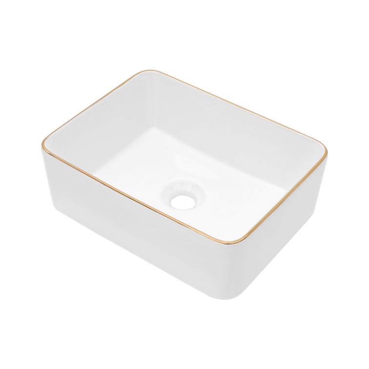 16 x 12 Inch White Ceramic Rectangular Vessel Sink with Gold Rim
