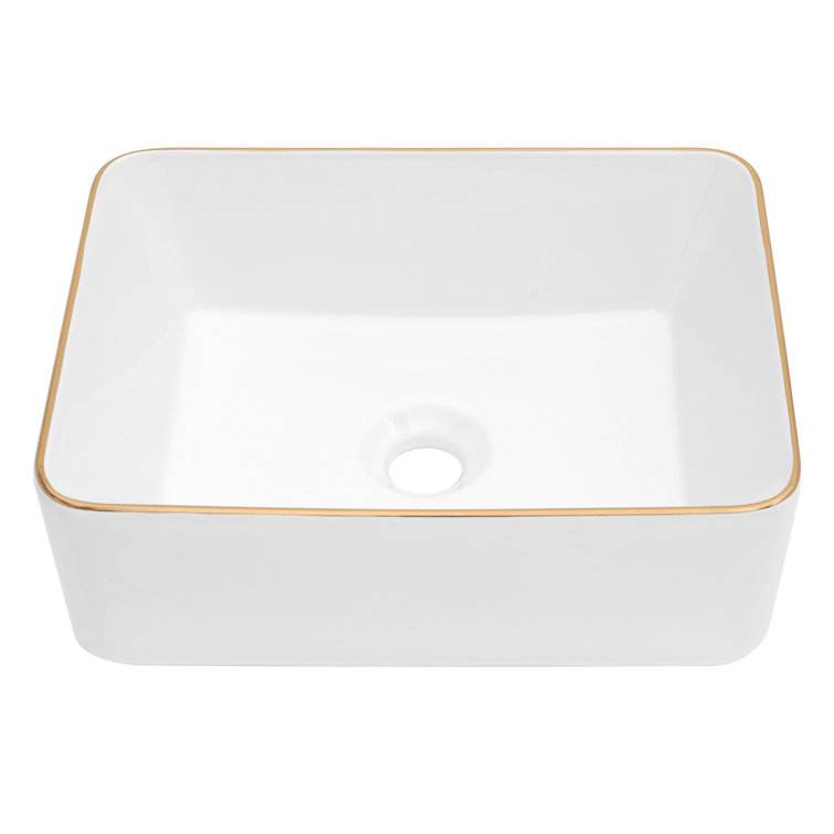 16 x 12 Inch White Ceramic Rectangular Vessel Sink with Gold Rim