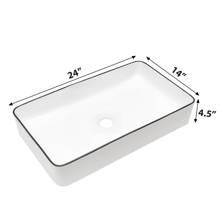 24 x 14 Inch White Ceramic Rectangular Vessel Sink with Black Rim