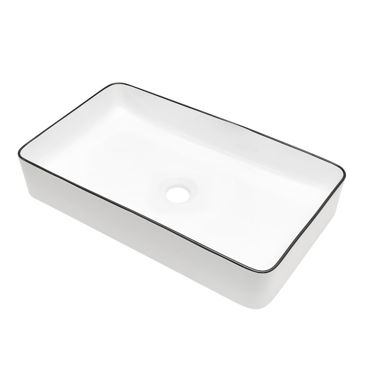 24 x 14 Inch White Ceramic Rectangular Vessel Sink with Black Rim