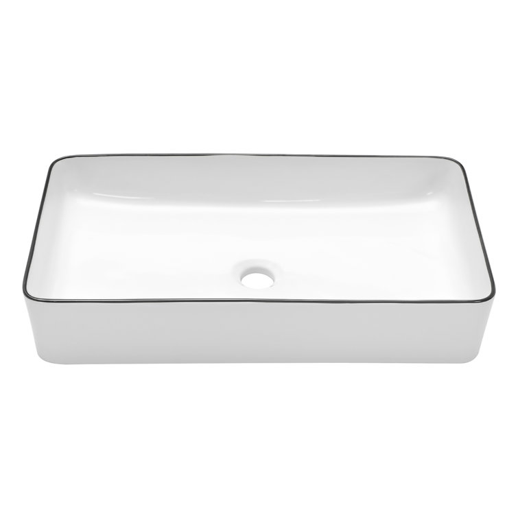 24 x 14 Inch White Ceramic Rectangular Vessel Sink with Black Rim