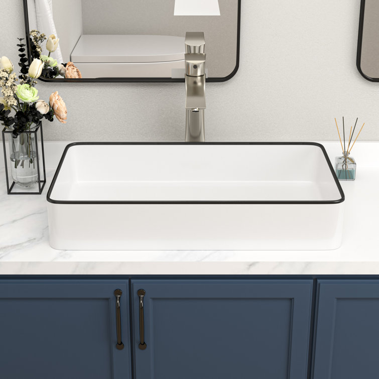 24 x 14 Inch White Ceramic Rectangular Vessel Sink with Black Rim
