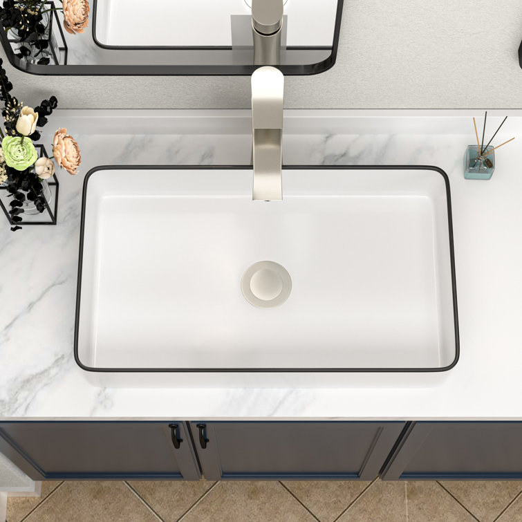 24 x 14 Inch White Ceramic Rectangular Vessel Sink with Black Rim