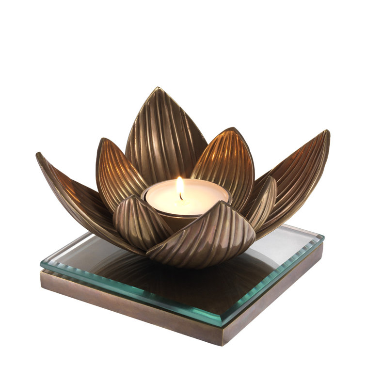 Lotus Vintage Brass Tealight Holder with Glass Base