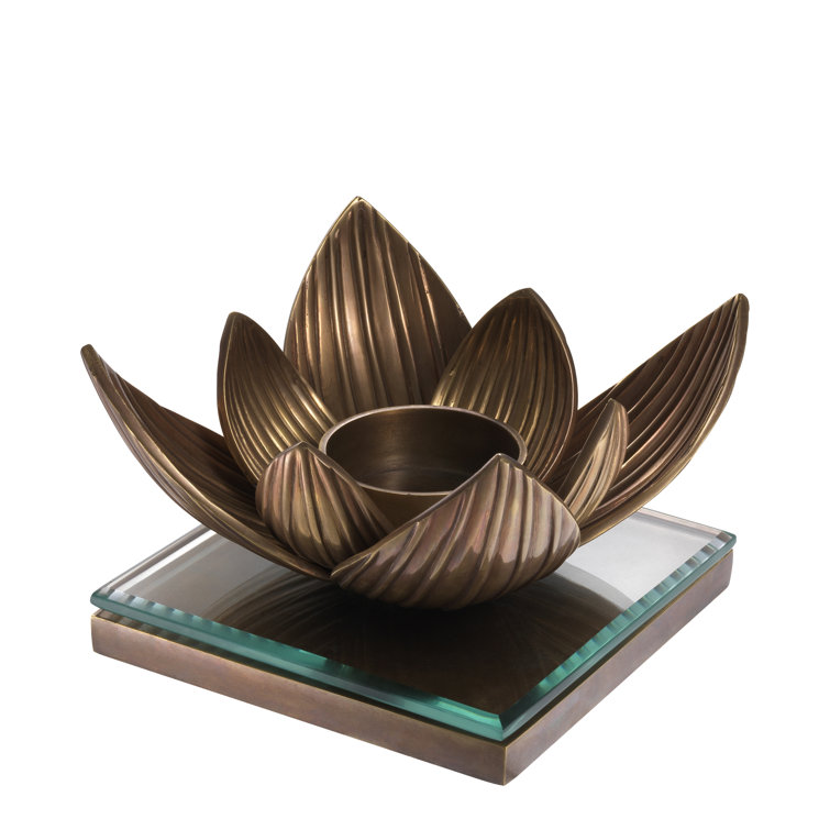 Lotus Vintage Brass Tealight Holder with Glass Base