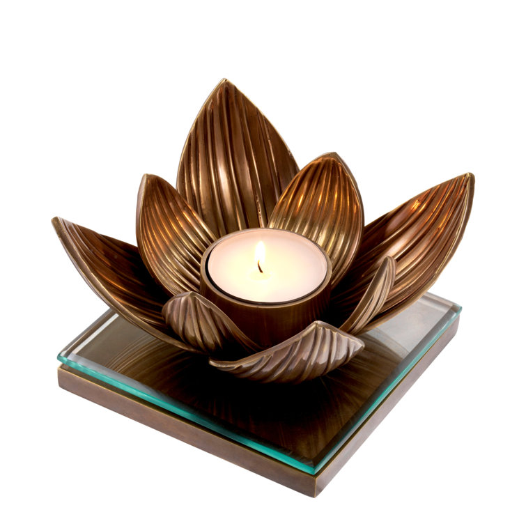 Lotus Vintage Brass Tealight Holder with Glass Base