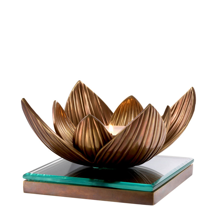 Lotus Vintage Brass Tealight Holder with Glass Base