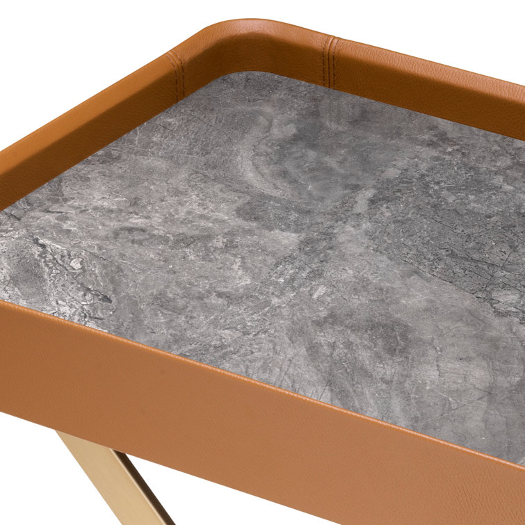 Monarch Brown Leather and Marble Butler Tray Table