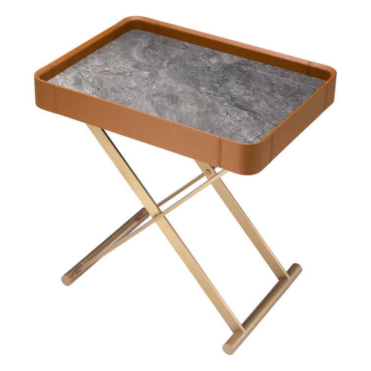 Monarch Brown Leather and Marble Butler Tray Table