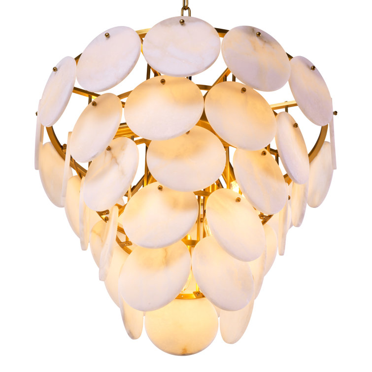 Antique Brass and Alabaster 9-Light Tiered Chandelier