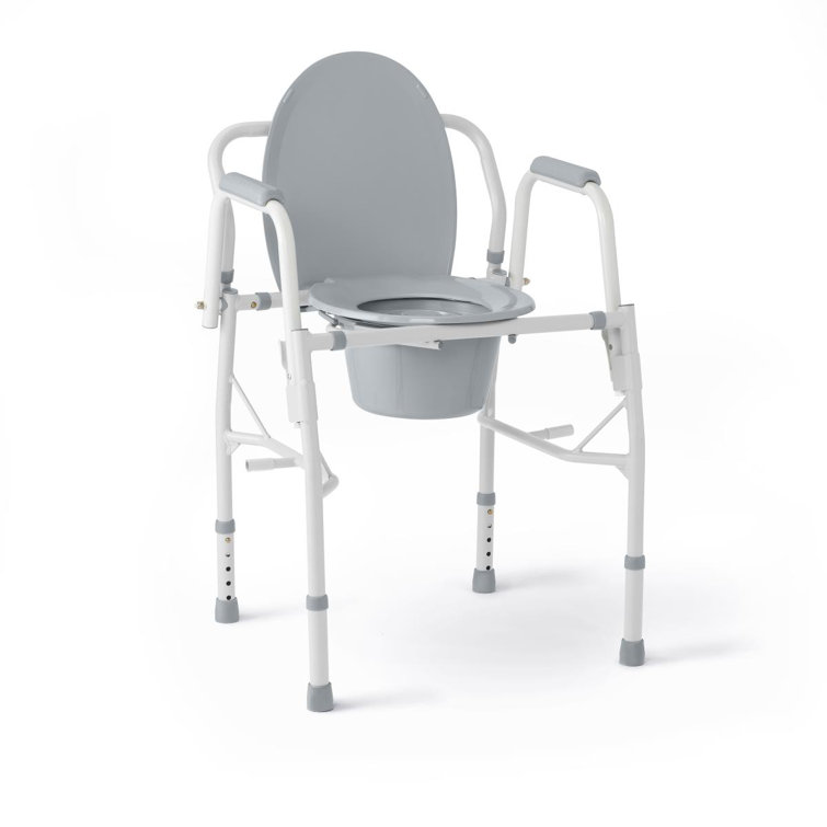 Gray Padded Drop-Arm Commode with Removable Pail
