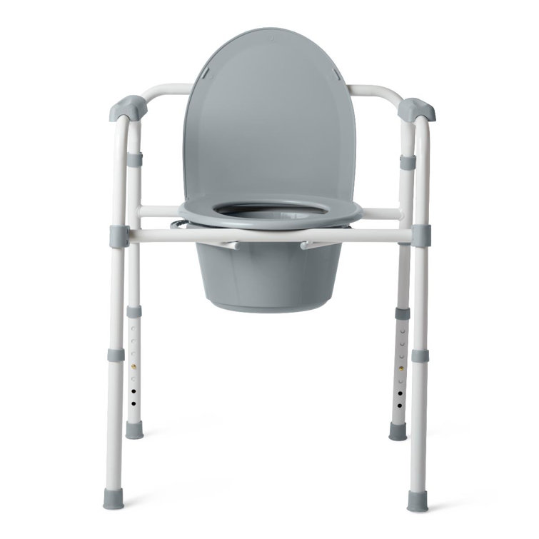 Gray Steel Foldable Bedside Commode with Plastic Seat