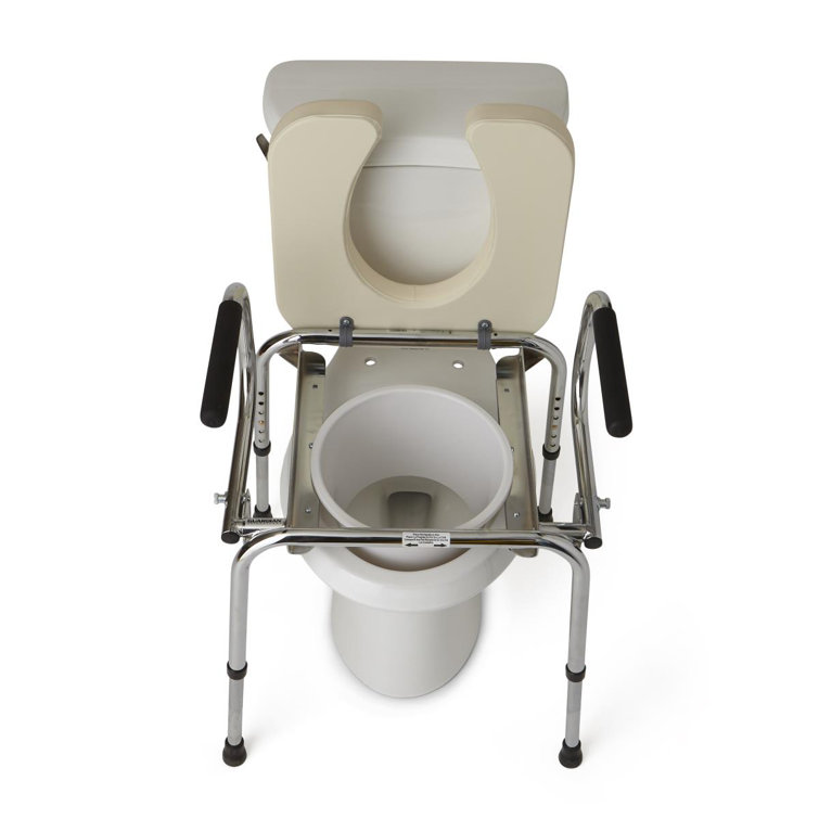 Beige Padded Drop Arm Commode with Steel Frame