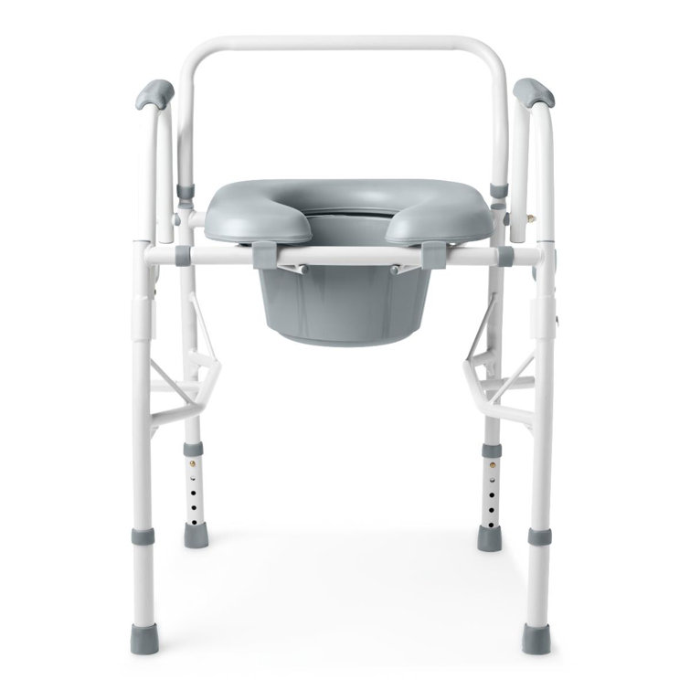 Gray Padded Drop-Arm Commode with Removable Pail