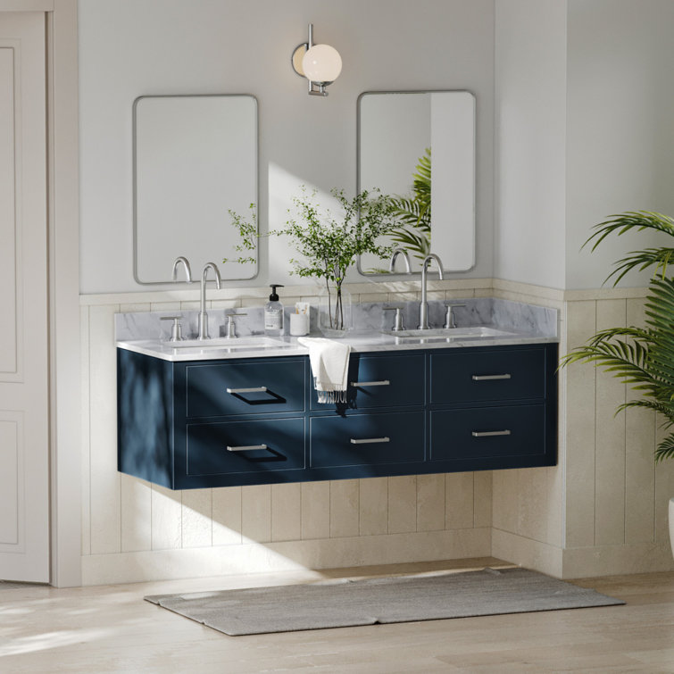 Midnight Blue 60'' Double Wall-Mounted Bathroom Vanity with Brass Handles