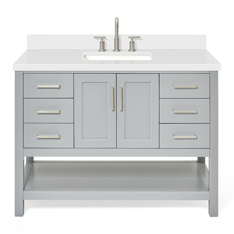 Gray Solid Wood Bath Vanity with White Quartz Top