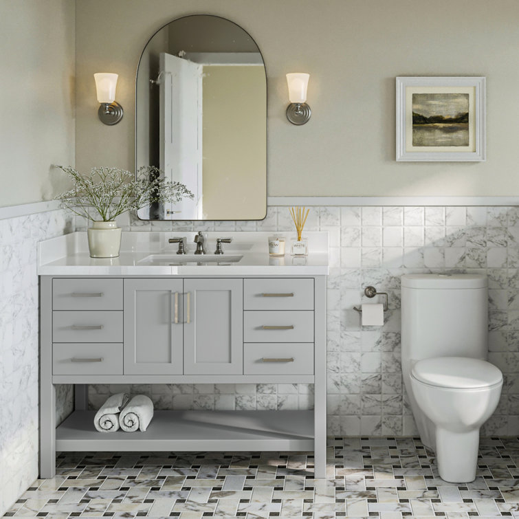Gray Solid Wood Bath Vanity with White Quartz Top